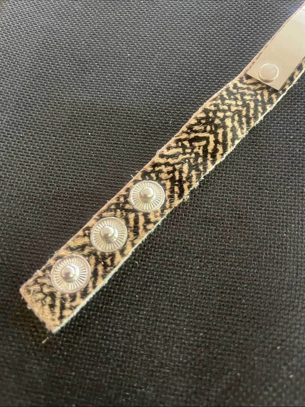 Plunder Brown Zebra Print Leather Snap Bracelet. Silver rectangular ID tag. NEW